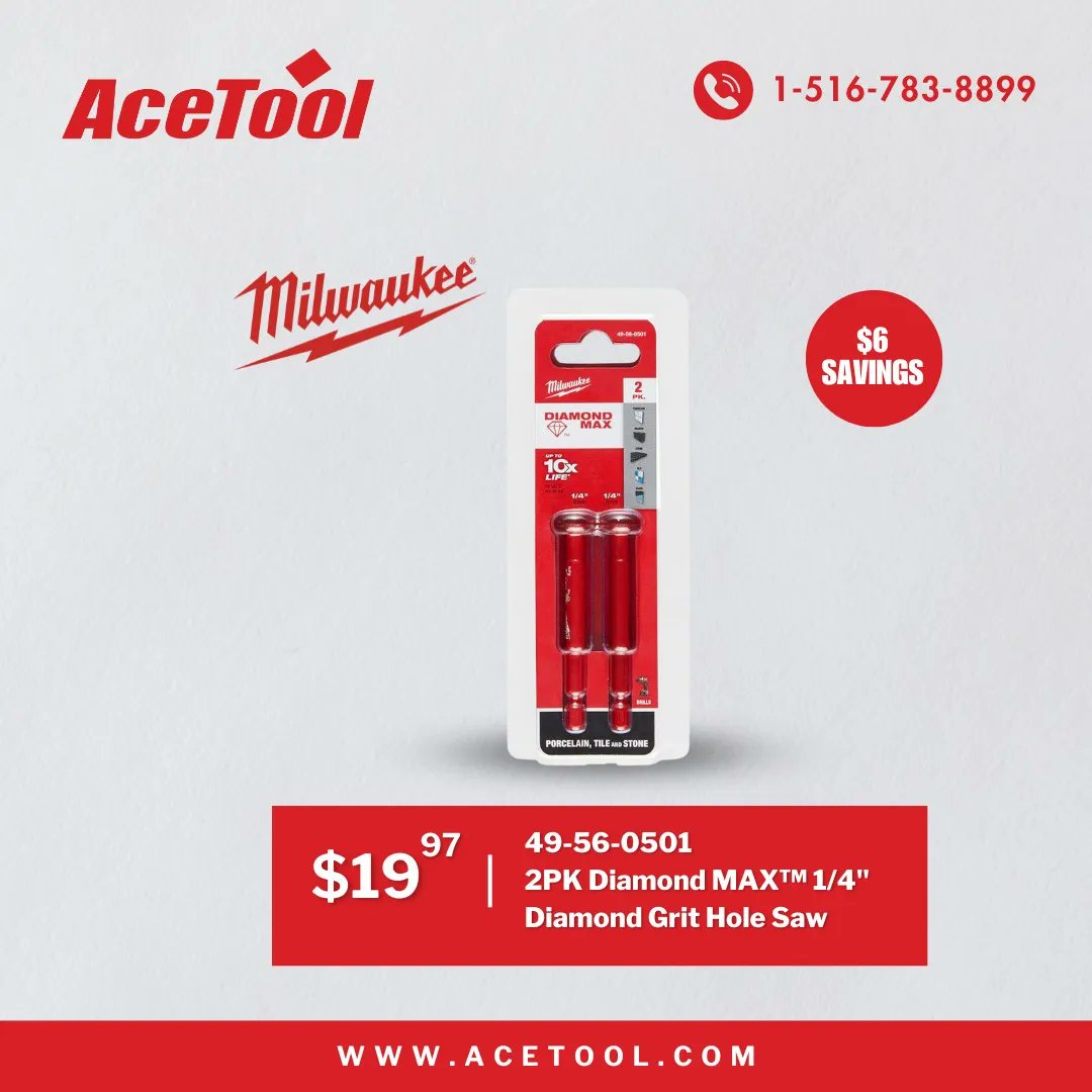 Grab your set today and take your cutting projects to the next level of precision and efficiency! Cut through tough materials like a PRO with the Milwaukee 49-56-0501 DIAMOND MAX 1/4" Diamond Grit Hole Saw 2 PK! 

buff.ly/3CYwVOt 

#AceTool #MilwaukeeTools