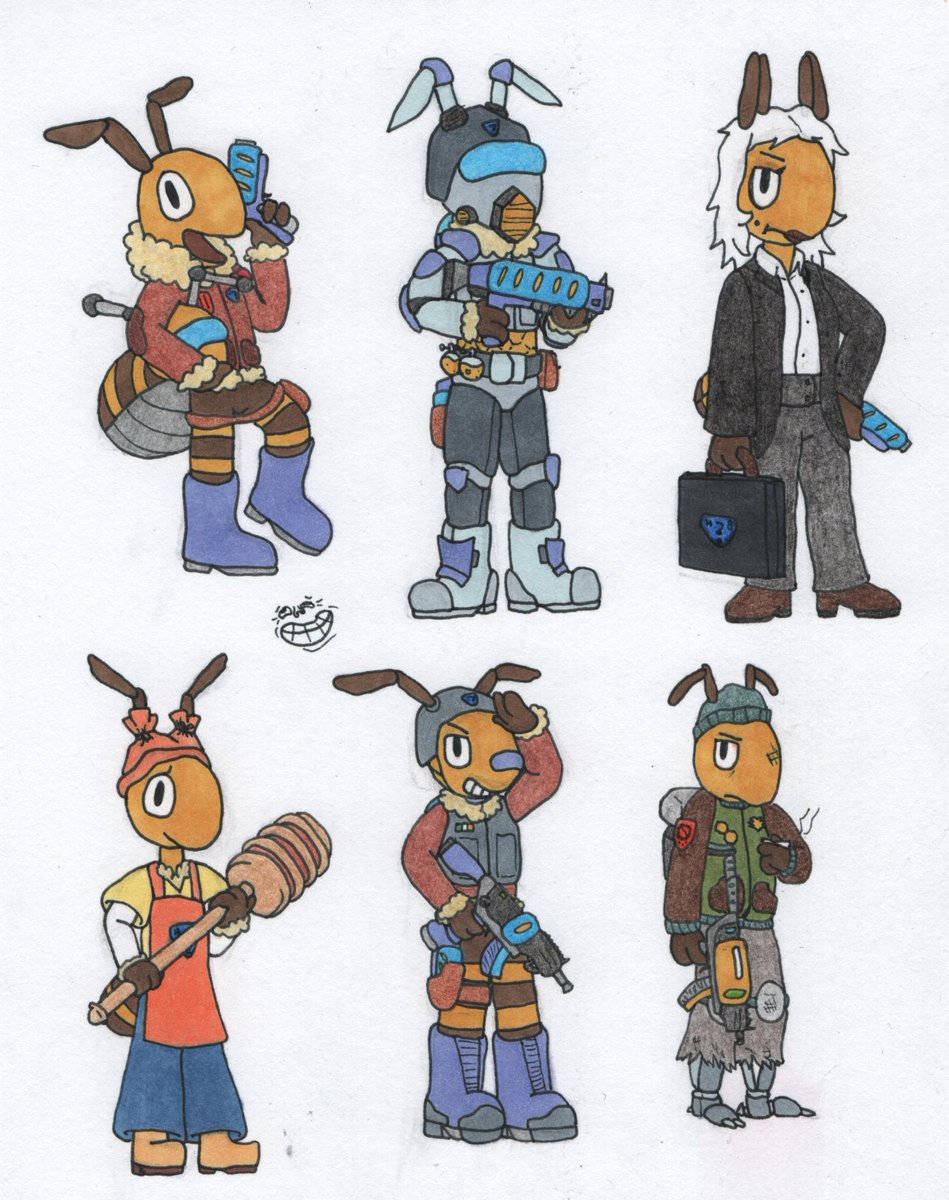 Dommer4kill's tweet photo. I went and drew up what some of the other workforce in the Honeybee Express would look like. We have your standard courier, a member of security, the Queen Bee, a member of the honey making team, an assault bee, and a member of a rival company I'm toying around with.
#D4KComics https://t.co/4D9cTQTQm0