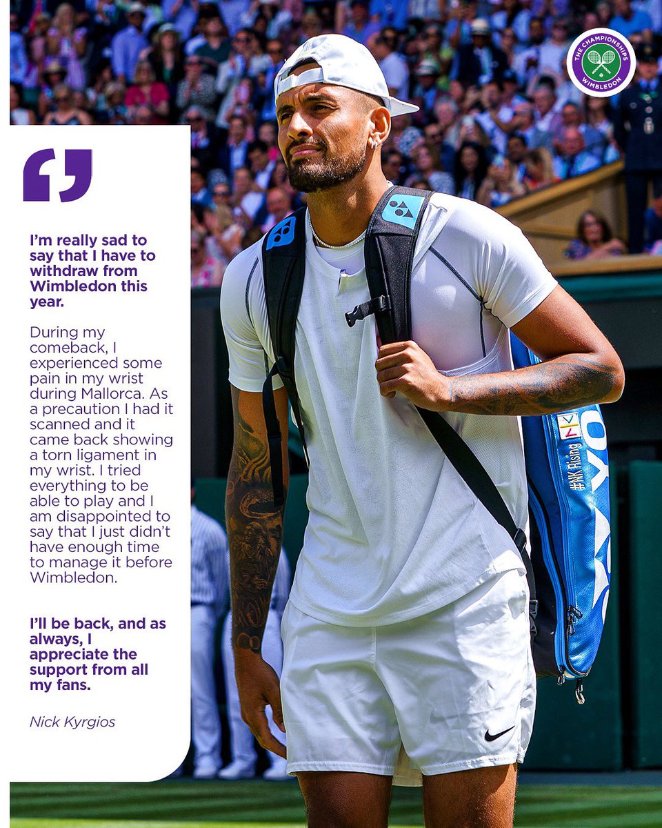 Wimbledon (@wimbledon) on Twitter photo Sorry to hear your news <a href="/NickKyrgios/">Nicholas Kyrgios</a> - wishing you a swift recovery and hope to see you back on our courts next year 🙏
#Wimbledon Sorry to hear your news <a href="/NickKyrgios/">Nicholas Kyrgios</a> - wishing you a swift recovery and hope to see you back on our courts next year 🙏
#Wimbledon