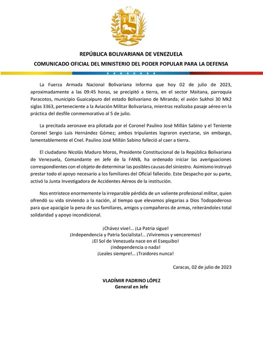 #COMUNICADO🔴| La Fuerza Armada Nacional Bolivariana informa que hoy #02Jul de 2023 se precipitó a tierra, en el sector Maitana, estado Miranda; el avión Sukhoi 30 Mk2 siglas 3363, perteneciente a la Aviación Militar Bolivariana

#ComunaONada
#AmarEsPoesía