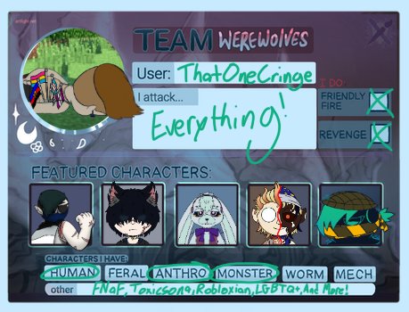 ThatOneCringe's tweet image. FINALLY finished this! Now off to #artfight drawings!
I'll make this my thread of work, too! :D