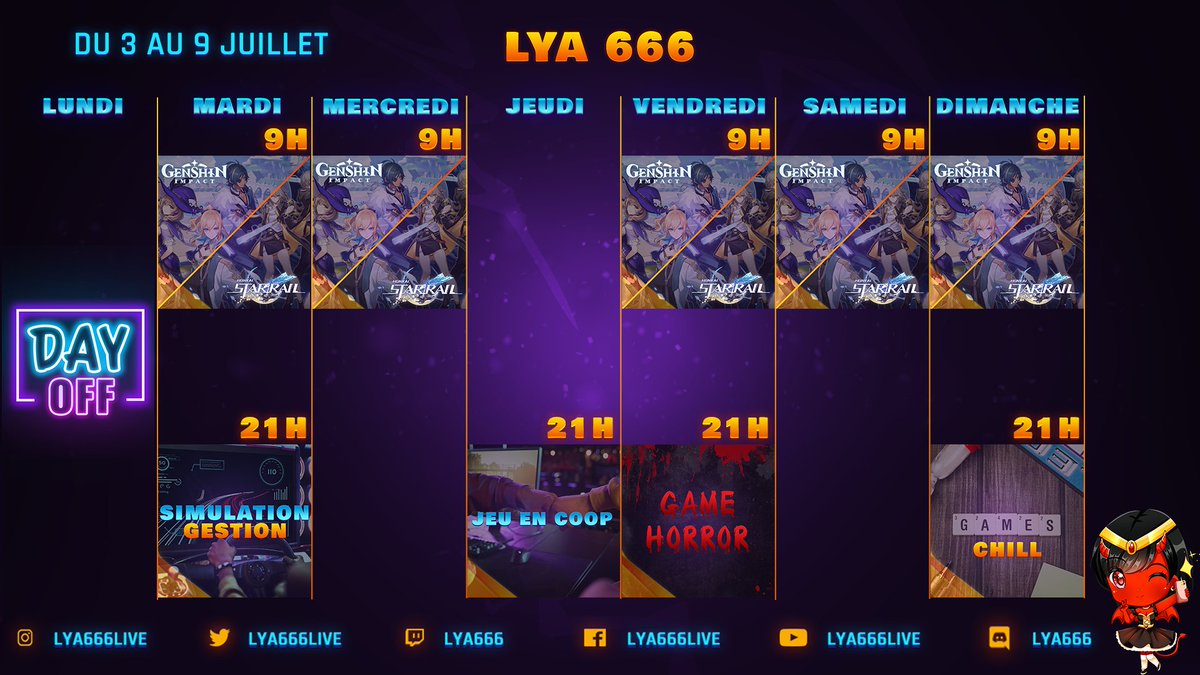 Coucou tout le monde, petit planning de la semaine prochaine, ❗️ Jeudi matin pas de live ^^ et n'hésitez pas a vous tenir informé sur le discord ou sur les RS je le note en cas de changement ;)