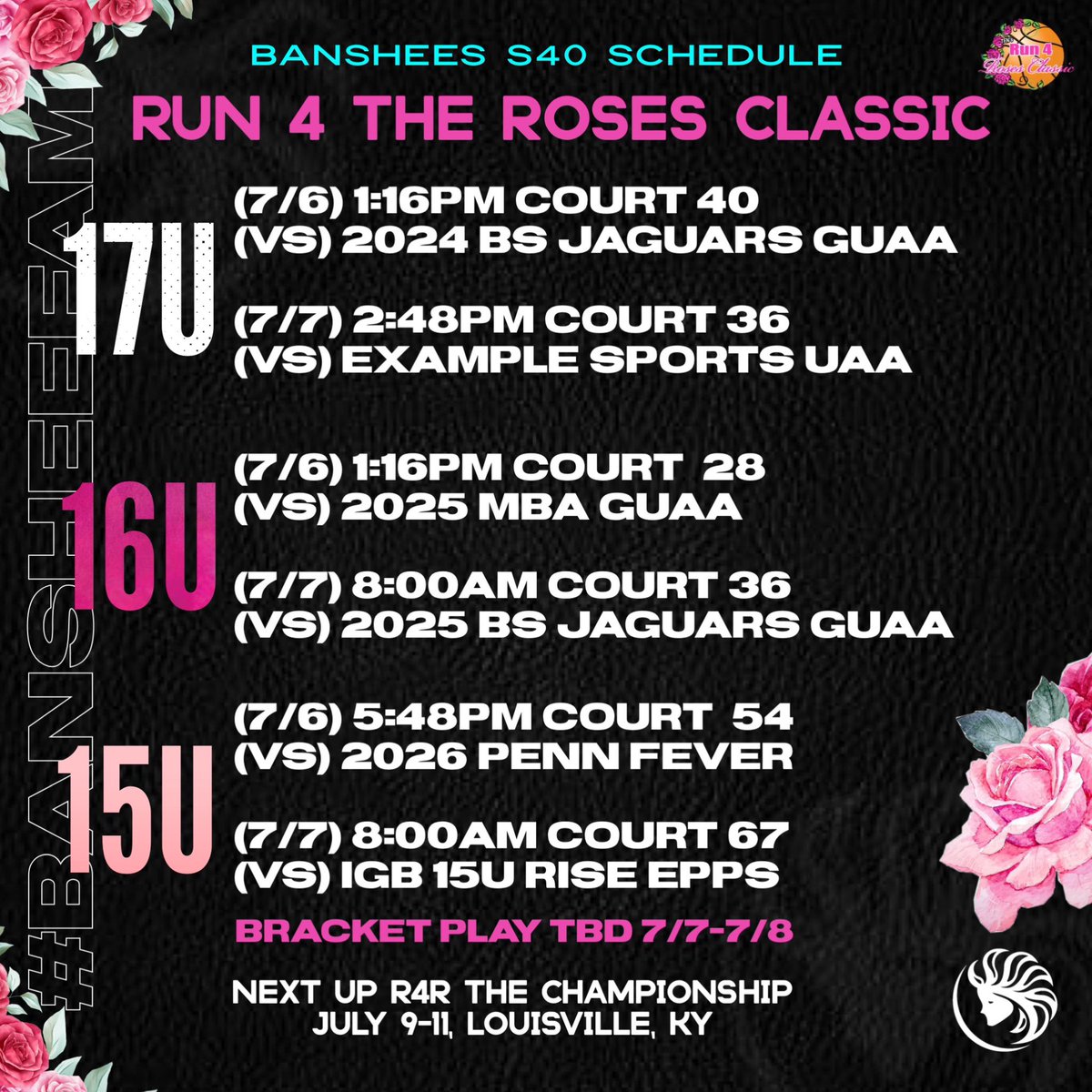 Coaches check out the #bansheefam in Louisville!  Here’s our S40 teams schedules. Our younger teams will be playing too who all have A LOT of talent 27s 28s &amp; 29s 👀 #Roses23

📍 Run4Roses Classic (7/6-7/8) in Louisville, KY

📍 Run4Roses Championship (7/9-7/11) in Louisville, KY