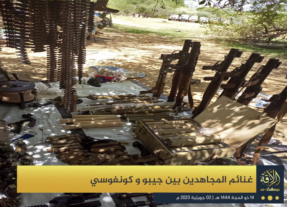 intlsec's tweet photo. 🇧🇫#Burkina Faso: JNIM have claimed the 26 June ambush on the Burkinabe military convoy between Djibo and Kongoussi. Large amount of weapons and equipment captured. https://t.co/6ZbRawg2Yn