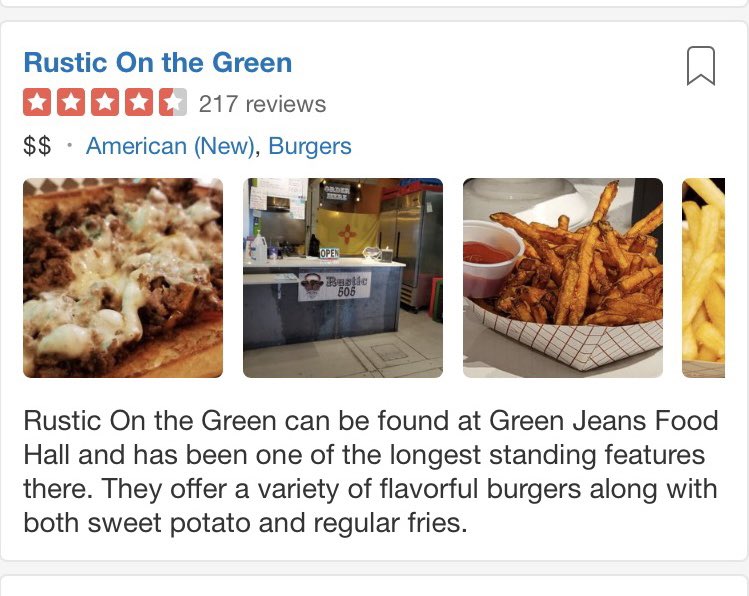 A BIG thank you to @yelpalbuquerque for highlighting @rusticonthegreen as having some of the BEST 🍔 burgers in the 505!!  Come and get your grub on at GJF!

Green Jeans Food Hall is open normal hours through the 4th of July!!

GreenJeansABQ.com

#rusticonthegreen #bugers