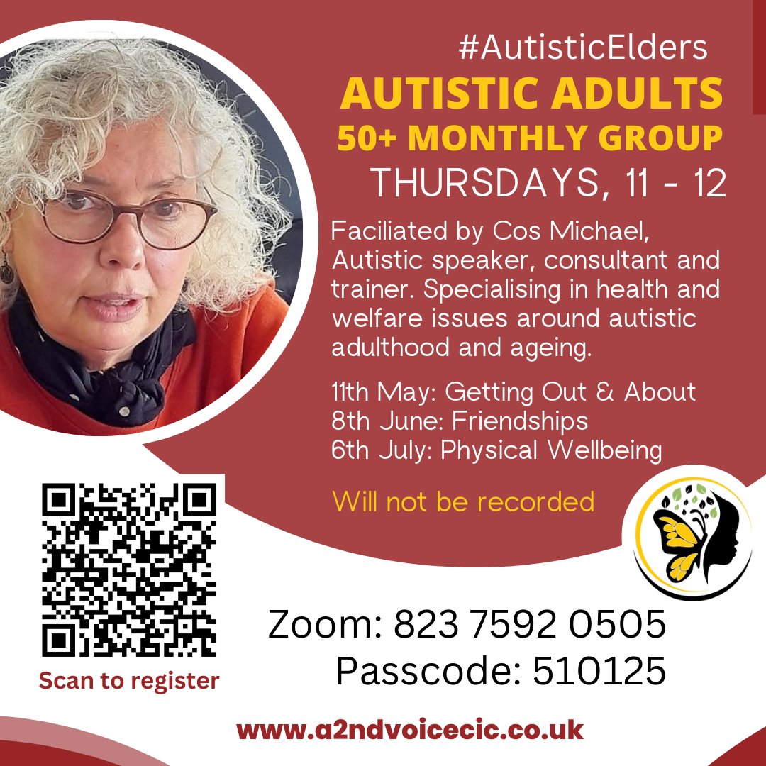 Join us this Thursday 11 - 12 with Cos Michael @autismage 
Discussion: Physical Wellbeing #AutisticElders 
@nhswandsworth_ @SWLNHS @MaudsleyNHS @wandbc
