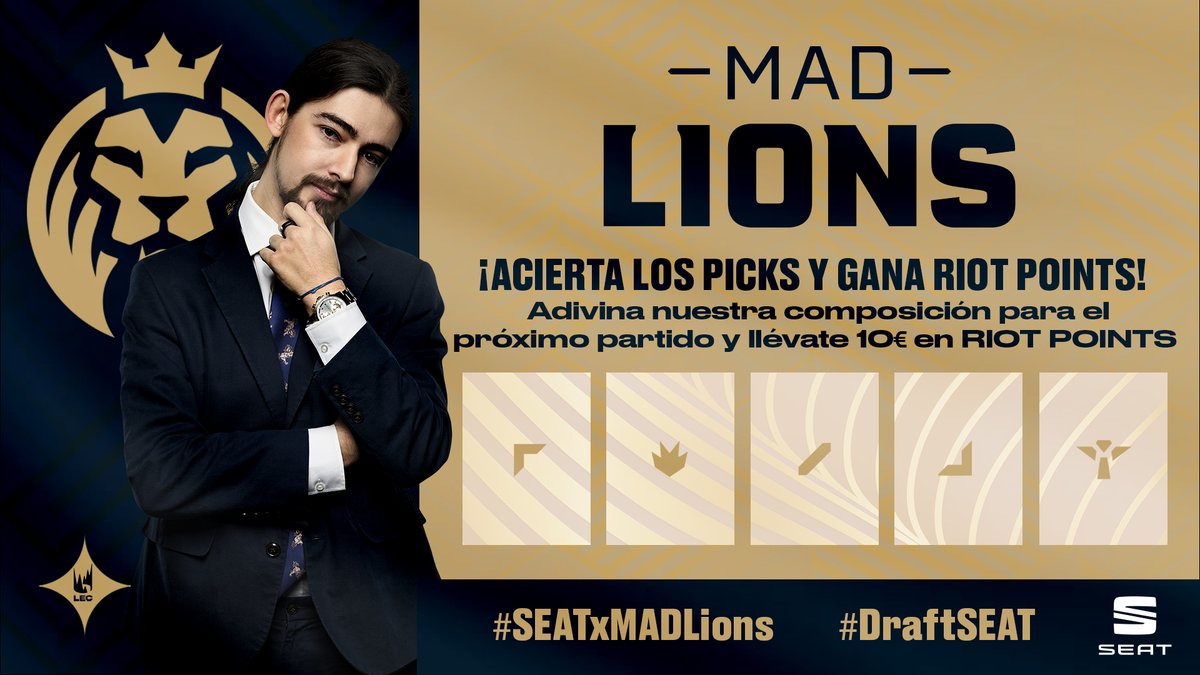 MovistarKOILoL's tweet photo. ¡Un día más de draft de @tuSEAT #LEC!
Comenta con el hashtag #DraftSEAT los 5 campeones que crees que pickearemos en el partido de hoy 🎉
El primero que más campeones acierte antes de que empiecen picks y bans se lleva 10€urazos en RPs (EUW)
#SEATxMADLions