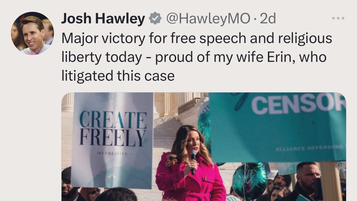 Zero surprise that it was insurrection supporter Josh Hawley’s wife, Erin Hawley, who litigated the FAKE 303 Creative case in front of the Supreme Court. She’s as dishonest as her husband. The Extreme Court used the totally made up case to illegitimately strip away LGBT+ rights.