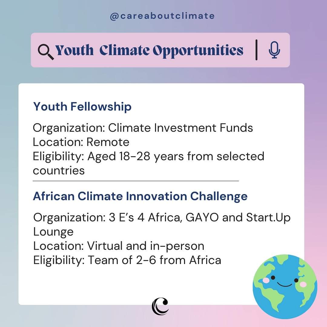 📢 Youth Climate Opportunities 
Round-up 17 📢

Excited to share new climate opportunities with you! Send them to young people you know who would like to make a difference in climate work 🌎
Apply via 🔗urlis.net/nmg8iefx
#climateopportunities #climatejobs #careaboutclimate