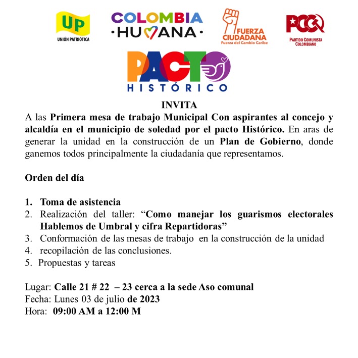 PactoSoledad's tweet photo. #Elecciones2023 Se convoca a los candidatos aspirantes al concejo por los partidos que conforman la coalición asistan mañana 3 de Julio 9 am cerca #Asocomunal calle 21 # 22 - 23 mesa preparatoria #ElPactoestademoda #SoledadestaconElPacto https://t.co/2k6QatyGyD