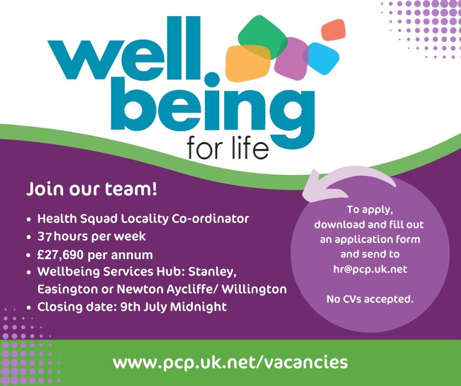 Pioneering Care Partnership (PCP) (@pioneeringcare) on Twitter photo PCP is seeking a <a href="/WBFL_Durham/">Wellbeing for Life</a> Health Squad Advanced Practitioner to join our team!
π° Β£27,690 per annum
β° 37 hours per week
π Wellbeing Services Hub: Stanley, Easington or Newton Aycliffe/ Willington
π
Closing date 09/07/23
β‘οΈ Apply at pcp.uk.net/vacancies PCP is seeking a <a href="/WBFL_Durham/">Wellbeing for Life</a> Health Squad Advanced Practitioner to join our team!
π° Β£27,690 per annum
β° 37 hours per week
π Wellbeing Services Hub: Stanley, Easington or Newton Aycliffe/ Willington
π
Closing date 09/07/23
β‘οΈ Apply at pcp.uk.net/vacancies