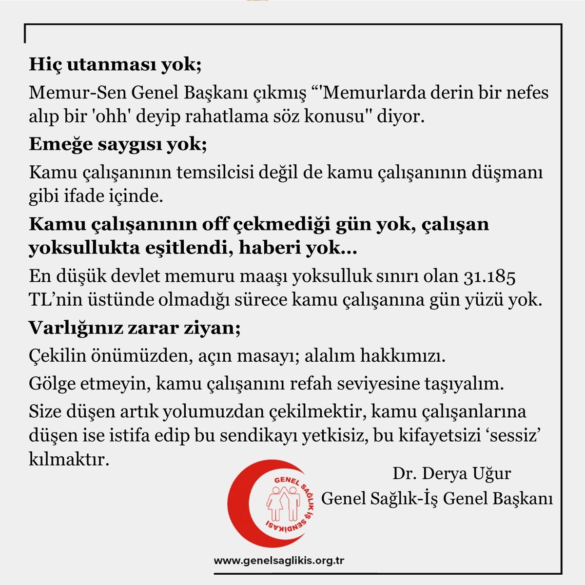 CukadarTarik's tweet photo. Devletin itibarından tasarruf olmaz diyenler neden sürekli memur maaşlarından tasarruf ederler. En düşük memur maaşı net 2.5 asgari ücret olmalıdır. Sarısen başkanları derin bir off çekmeye devam etsin,biz hakkımızı alana kadar sahada olacağız #MemurAsgariÜcretliOlamaz https://t.co/JWLh6VAATS