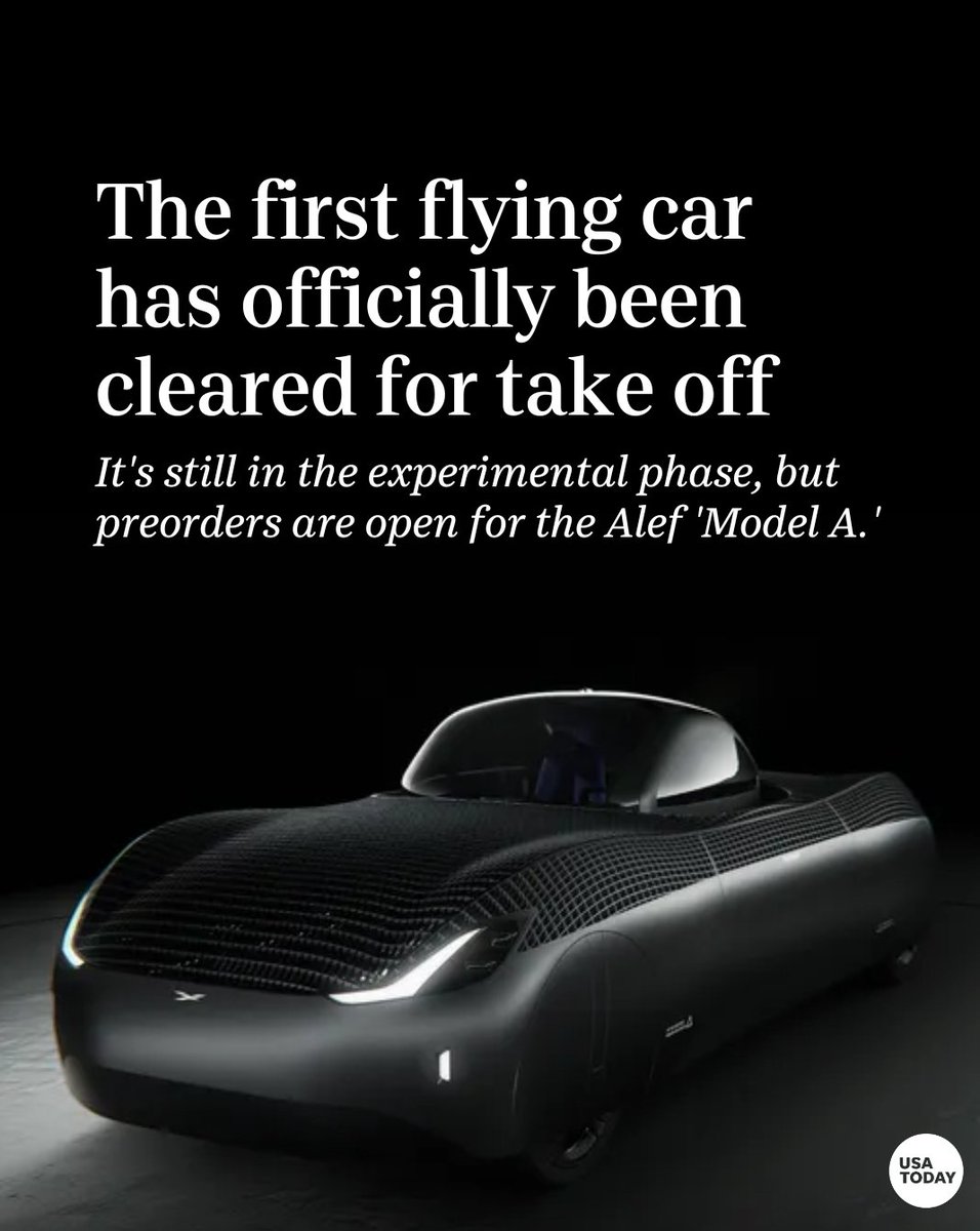 USATODAY's tweet photo. Has the flying car finally arrived? 

Alef Aeronautics says its “Model A" flying vehicle now has FAA permission to test run on the road and in the sky — and the company hopes to start delivering vehicles to customers by late 2025.

Read more: https://t.co/u1XfQJ0FWI https://t.co/AXH5hMgMDd