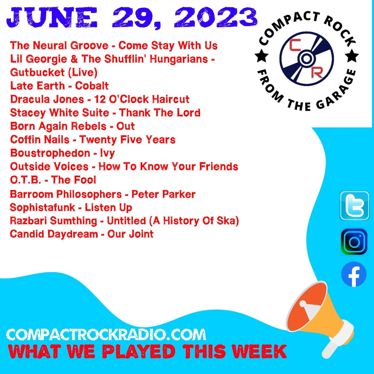 Compactrradio's tweet photo. Here it is. This is what we played on From The Garage this week. Don't forget replays run every weekday. 2 PM on Monday, 5 AM on Tuesday, 5 PM on Wednesday, and 11 AM on Friday. Plus, of course, new episodes every Thursday at 11 PM. The best in  local and original music is here! https://t.co/JZ0pgM0Gkv