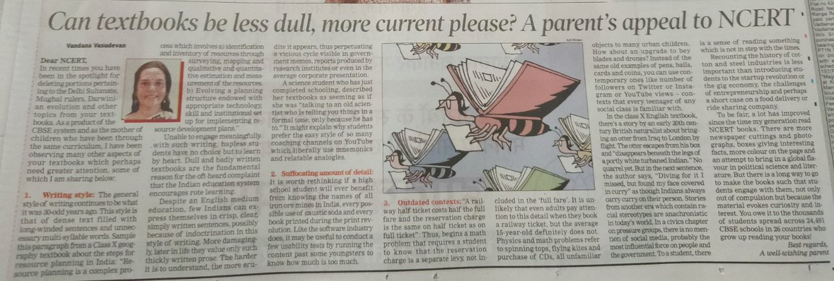 My appeal in today's TOI, to <a href="/ncert/">NCERT</a>  to make textbooks more lively and contemporary, so that students are engaged with the content and don't grow up thinking dense prose is good writing. <a href="/timesofindia/">The Times Of India</a> <a href="/EduMinOfIndia/">Ministry of Education</a> Link here: lnkd.in/gyqUyBBA