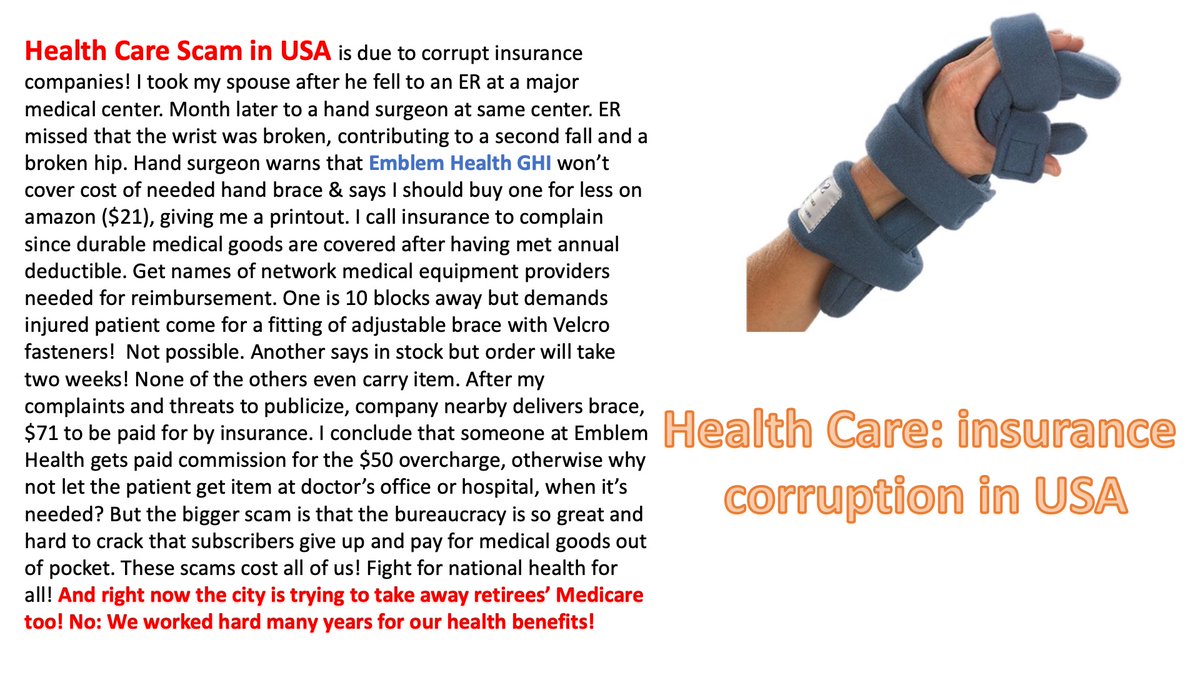 ArtBiographer's tweet photo. US #HealthCare Scam due to #corrupt #insurance
companies! Emblem Health GHI schemes to avoid 
covering needed durable medical equipment, making it hard to get! #NYC trying to take #medicare away from retirees. Corruption cries out for #national #Health #reform! Cut middlemen out https://t.co/JvM2WPyLi5