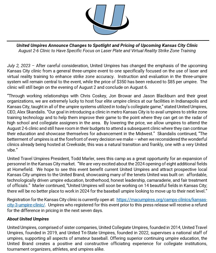 United Umpires Announce Kansas City Clinic Change @CreeksideBase, August 2-6 | <a href="/AlexUnitedUmps/">Alex Skandalis</a> comments | Clinic to Have Specific Focus on Laser Plate and Virtual Reality Strike Zone Training.
Registration link reflecting reduced price.
macumpires.org/camps.../kansa… #BeaBetterUmpire