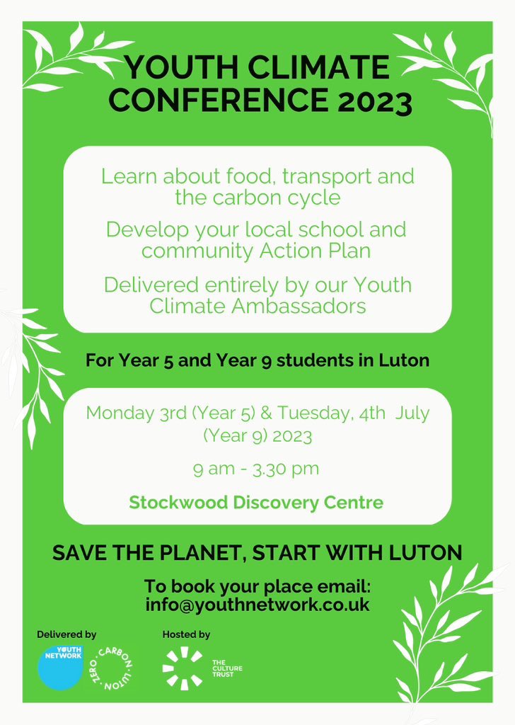 Youth Climate Conference 2023, it’s here 3 + 4 July in #Luton 🌍

10 schools, 90 students, 18 staff, 8 partner organisations, 1 solution 💪🏽

Delivered by #YouthAmbassadors 
#YCC23 

#ClimateSolutions 
#ClimateActionPlan 
#NetZero 2040

We’re ready …. 💚
Let’s go …… 🌍