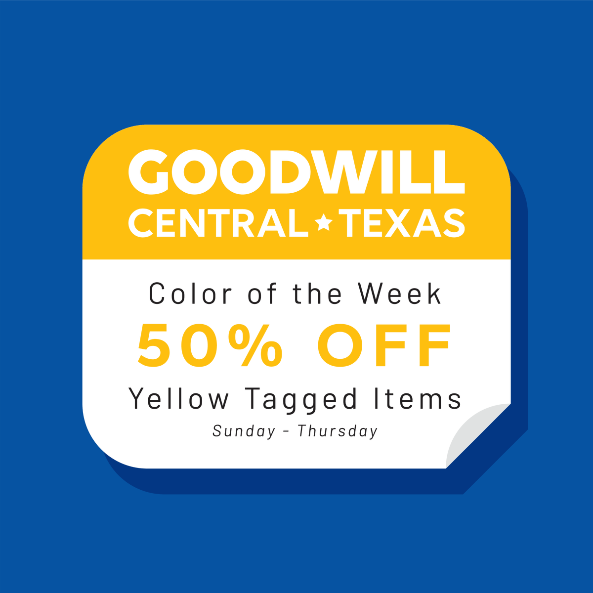 AustinGoodwill's tweet photo. Our weekly tag sale is here again! Today and until Thursday, yellow ๐ tags are 50% off in our stores. To find your nearest store, visit: https://t.co/ZuirOnf0q9
#goodwillsale #bargainshopper #goodwillsale #goodwillfinds #thriftedfinds #thatsgoodwill https://t.co/cqSaQw95lk