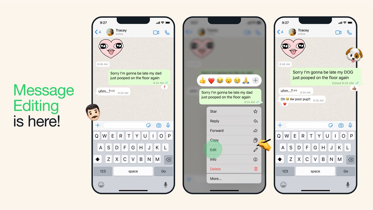 [Mise à jour <a href="/WhatsApp/">WhatsApp</a>]

Vous pouvez désormais éditer vos messages envoyés pour corriger une erreur ou ajouter du contexte, jusqu'à 15 minutes après l'envoi.

Appuyer long sur le message, choisissez 'Editer'. Les messages modifiés affichent 'édité' :

blog.whatsapp.com/now-you-can-ed…