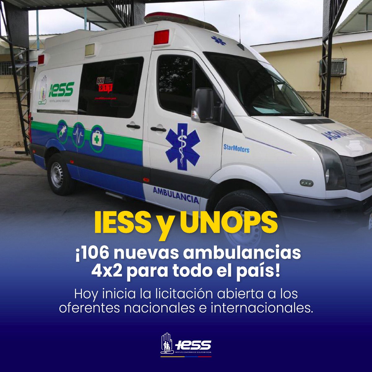 IESSec's tweet photo. ¡El @IESSec hace historia! ✅ 

Hoy junto con la @UNOPS de las Naciones Unidas inicia la licitación para la adquisición de ambulancias.

🚑 106 ambulancias 4x2 
🚑 17 ambulancias 4x4 
 Detalles en el Portal Global de Naciones Unidas: https://t.co/8D1JNQbmt5

#IESSatuServicio https://t.co/TyLvHzi3Vb