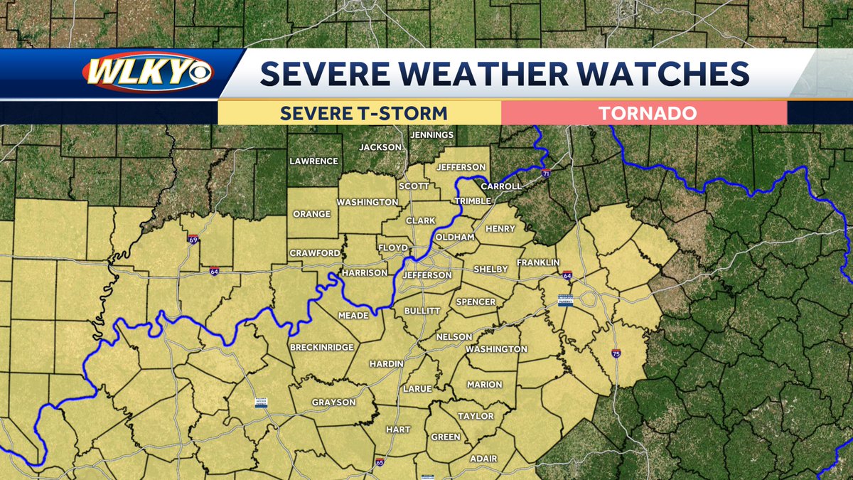 WLKYSusanneH's tweet photo. Severe thunderstorm watch until 9pm.  We are already starting to see warnings being issued.  The primary concern will be the potential for damaging winds. https://t.co/f2425Xz0OD