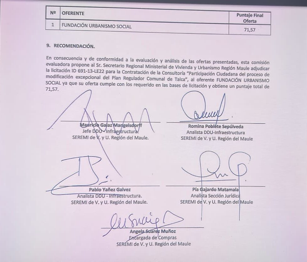 El problema en el Maule es que el seremi Rodrigo Hernández (RD) se inhabilita el 30 de sept de 2022, un día después de que la seremi recomienda adjudicar los recursos a Urbanismo Social, la ONG que integró durante 7 años, el día 29 sept 2022.