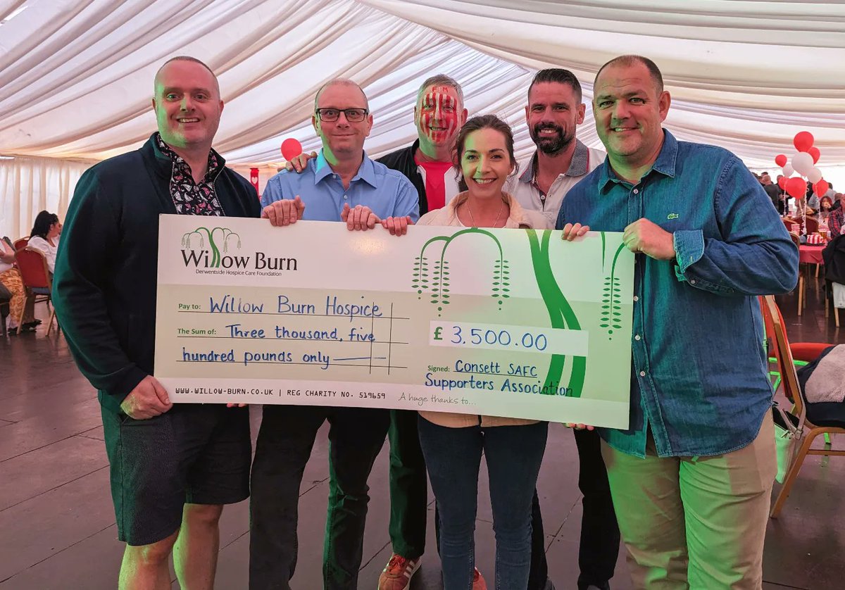 A big round of applause for those who made yesterday happen. 👏
Despite the best efforts of the wind, we managed to get there in the end. £3,500 handed over to <a href="/Willow_Burn/">Willow Burn Hospice</a> Hospice from last season's fundraising.
We raised £1875 yesterday! #SAFC #consett #barbecue #fundraising