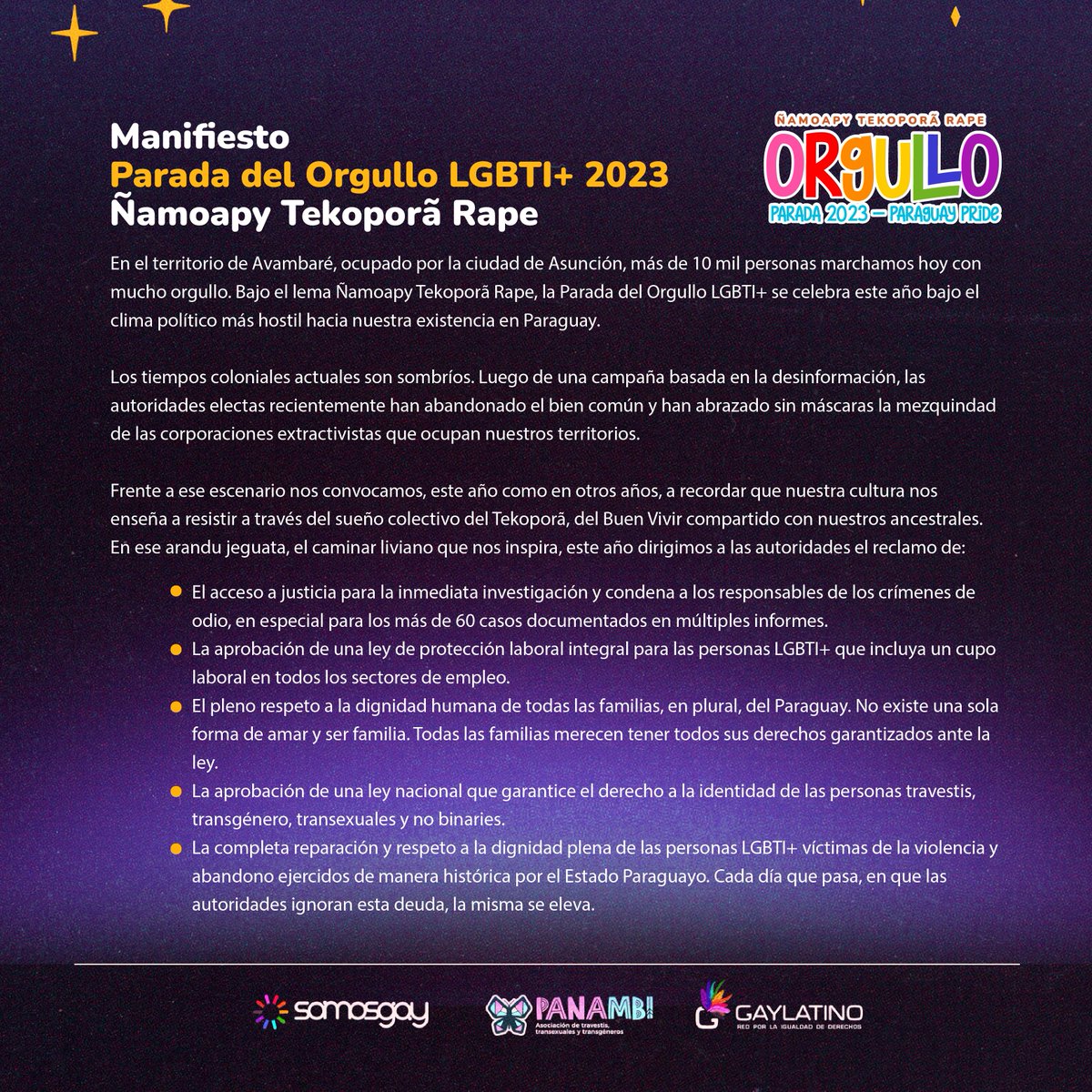 SOMOSGAY's tweet photo. Manifiesto Parada del Orgullo LGBTI+ Paraguay 2023: Ñamoapy Tekoporã Rape

Aguijeveté a todes quienes luchan 🏳️‍🌈🏳️‍⚧️ https://t.co/757JtPmE9a