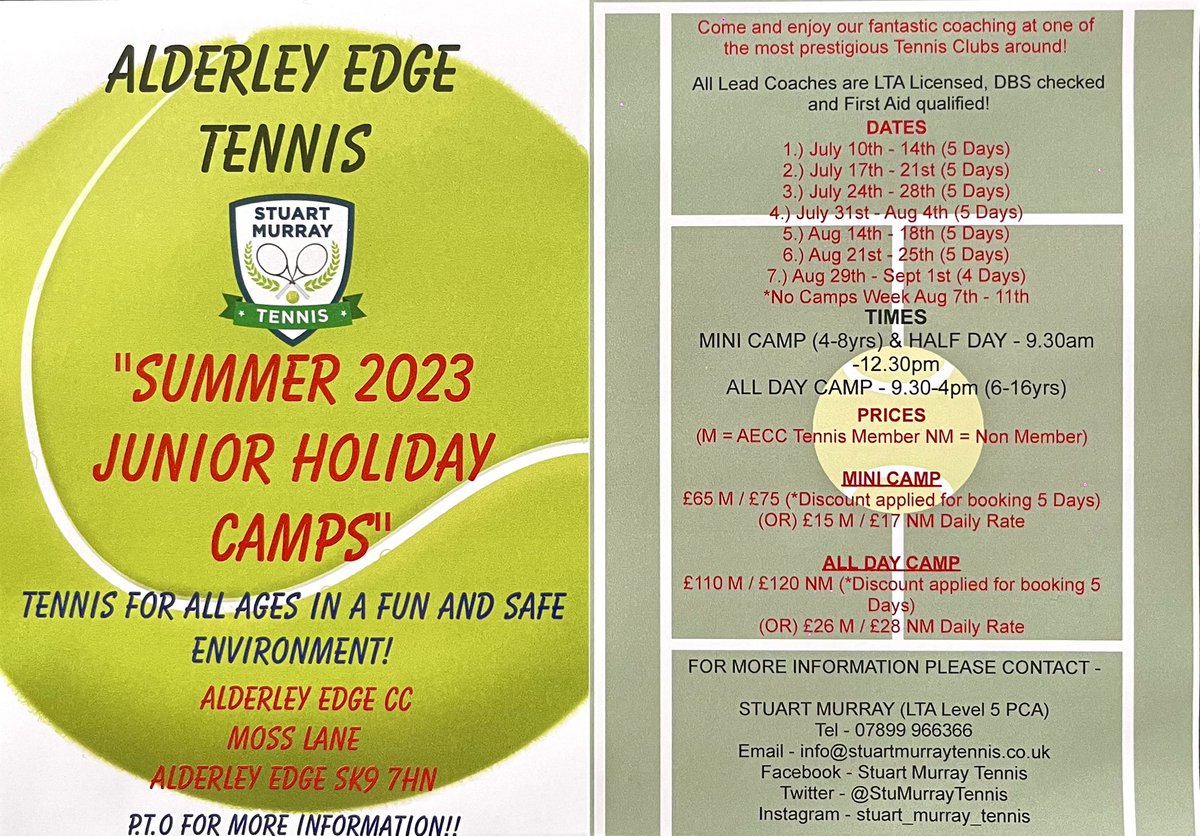 🎾☀️SUMMER CAMPS AVAILABLE TO BOOK NOW ON THE APP!☀️🎾 <a href="/AlderleyTennis/">Alderley Edge Tennis</a> @LTACheshire <a href="/AESG_PE/">AESGSport</a> @TheRyleys <a href="/KingsMacSport/">King’s Mac Sport & PE</a> <a href="/MGS_PEandSport/">MGS Sport</a> <a href="/Mottram_Academy/">Mottram St Andrew Primary Academy</a> <a href="/nether_alderley/">Nether Alderley PS</a>