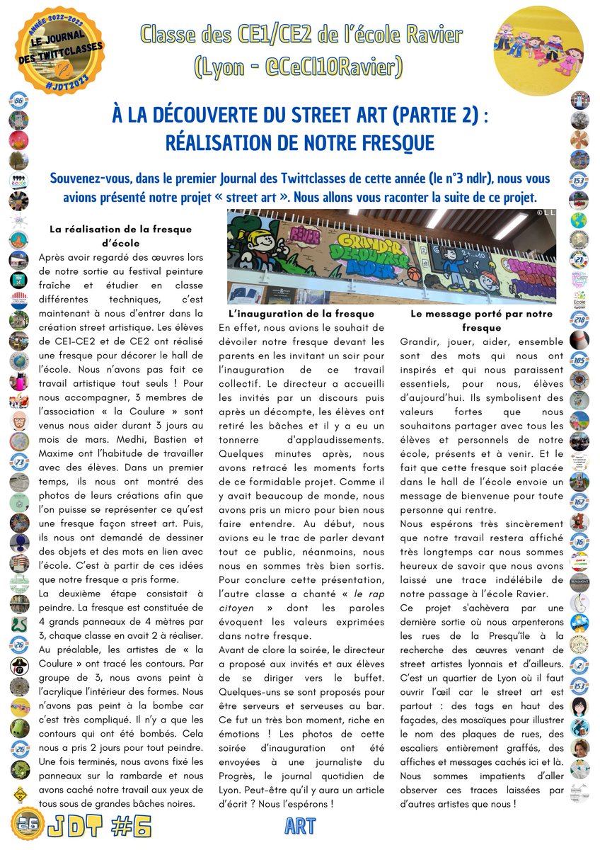 #UnArticleDuJdT
Pour cette 19e découverte, nous vous proposons l'article des élèves de CE1/CE2 de @Cecl10Ravier (#Lyon) dans le Journal des TwittClasses. #JdT2023🗞️
Il parle de la réalisation de leur fresque de #StreetArt. Il se trouve en page 26 du JdT.
Bonne lecture !