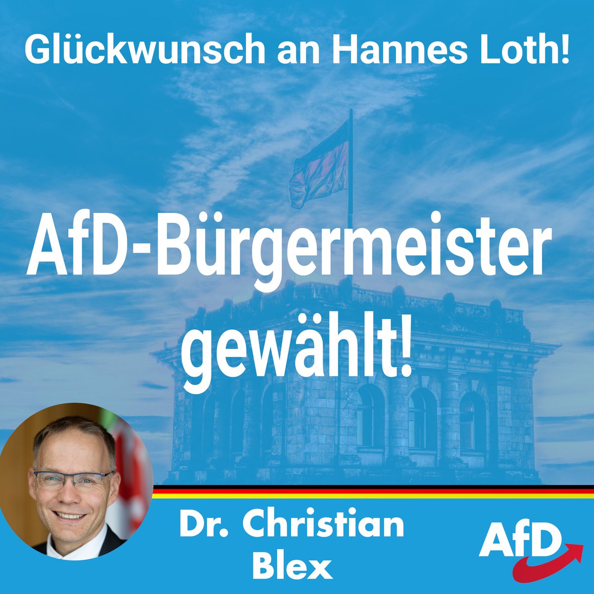 Der #AfD-Kandidat #HannesLoth hat die #Bürgermeisterwahl in #RaguhnJeßnitz (Sachsen-Anhalt) gewonnen. Nach dem ersten #AfDLandrat gibt es damit nun auch den ersten hauptamtlichen #AfDBürgermeister.

Loth gewann mit 51,13 % gegen den Nils Naumann mit 48,87 %.