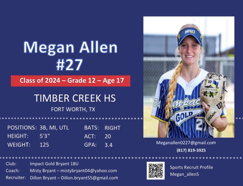 Come watch us play in the TFL Championship.  1st bracket game is July 6th at 12pm on field blue Shawnee Trail Sports Complex in Frisco, TX.
<a href="/IGDFW_Bryant/">18u Impact Gold Premier Bryant</a> 
<a href="/Dillon_Bryant/">Dillon Bryant</a> 
<a href="/TFLfastpitch/">Texas Fastpitch League</a>