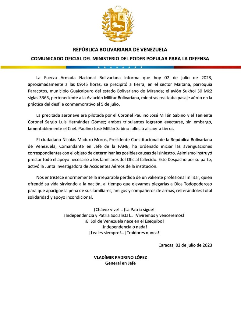 Ha partido al encuentro con Dios nuestro hermano de armas y valiente piloto, Cnel. Paulino José Millán Sabino. ¡Honor y Gloria Soldado Patriota! Ahora vuelas más Alto  dejando un legado de profundo amor por la Patria.

Nuestras condolencias a sus familiares y amigos de la #FANB.