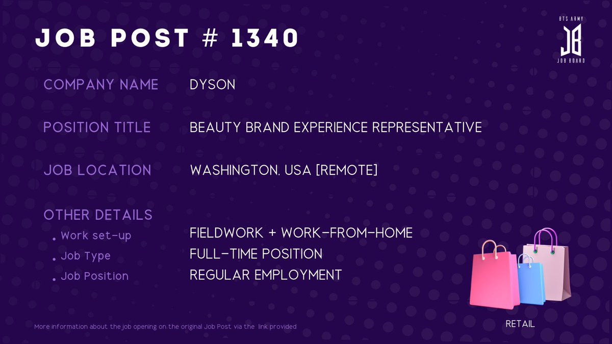 BTSARMYJobBoard's tweet photo. #BAJBUSA #BAJBRemote 
Washington, USA [REMOTE]

https://t.co/GwckMDWRcZ

#BAJBRetail #BAJBBeauty 

ARMYs, kindly contact the job poster / hiring party directly for more information. 🤗

Good luck! 💜 https://t.co/B5XsPEbCM4
