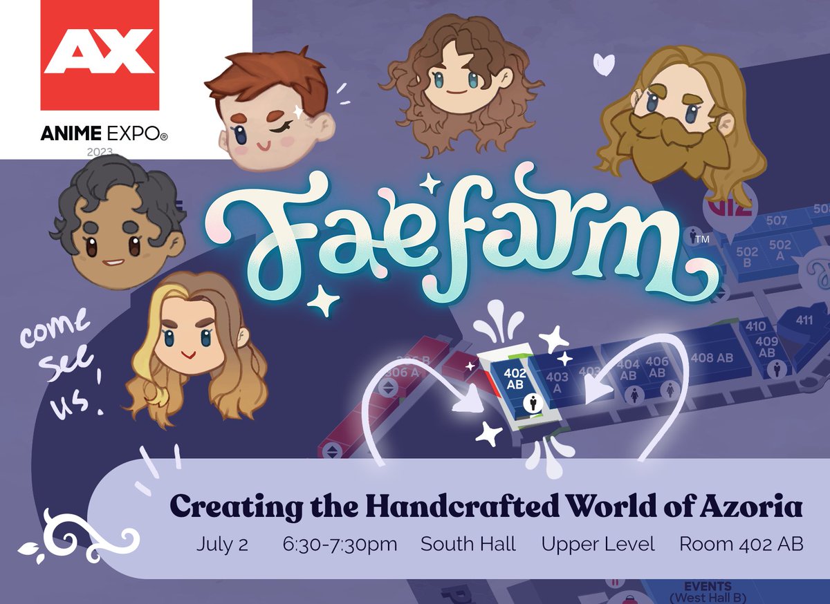 FaeFarm's tweet photo. Join my friends, Daniele, Romain, @ajapanesedream, @thatkimparker, and @moarandmoar today at @AnimeExpo while they share some exclusive looks at what the beauty of Azoria is like and all the hard work it took to get there! 

Join us in panel room 402AB at 6:30pm! ✨ https://t.co/F1KoiHbqTT