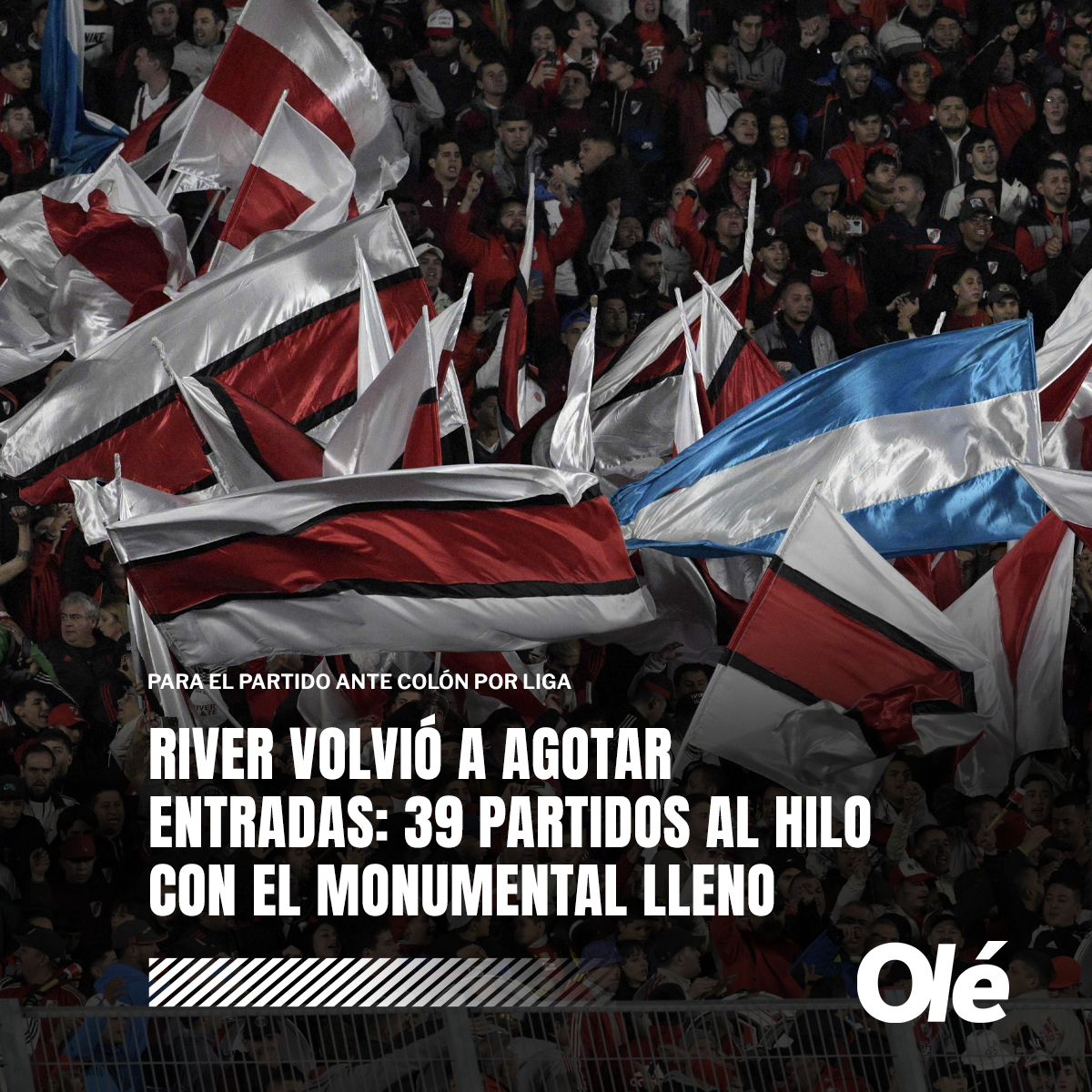 ⚪️🔴 River agotó las entradas para el partido del miércoles ante Colón: será el 39° Monumental repleto de forma consecutiva con 86.000 personas alentando.