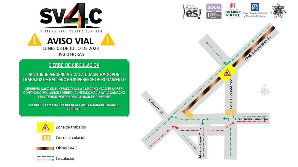 Este lunes a partir de las 9:00 horas, la <a href="/transitotorreon/">Tránsito Torreón</a> cerrará la circulación vehicular en la calzada Cuauhtémoc, justo en la confluencia entre Ávila Camacho e Independencia, pues se realizarán trabajos de pavimentación como parte de las obras del Sistema Vial 4 Caminos.