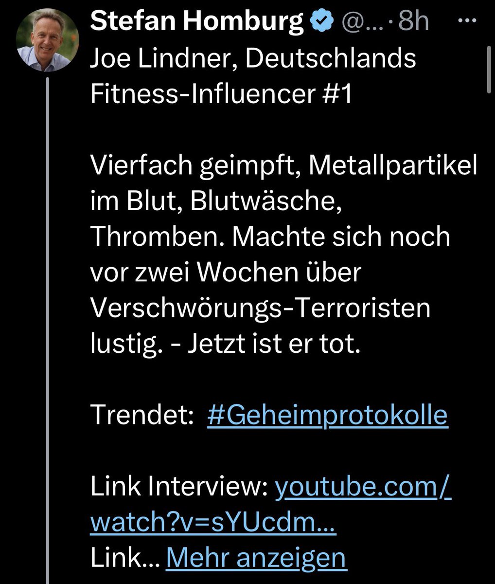 dokhollidays's tweet photo. Zum Tragischen Tod von #joesthetics :

Wahr ist dass der bekannteste Deutsche  Fitness Influencer Jo Lindner (30), (#joesthetics IG 9Mio Follower) gestern plötzlich an einem Aneurysma (krankhafte Erweiterung/Aussackung einer Arterie) litt; diese soll nun auch Todesursache sein (Vermutlich ein/e Riss/Ruptur)

Wahr ist auch dass Jo immer offen mit dem Gebrauch von steroiden Anabolika zum Aufbau seines Modellathleten Körpers umgegangen ist.
Er hatte kurz vor seinem Tod noch über einen erneuten Start mit „trt“gepostet.
Dass steroide Anabolika das Herz/Kreislaufsystem schädigen und gerade bei Bodybuilding und Kraftsport schon oft zu tödlichen Verläufen geführt haben ist ein offenes Geheimnis.

FALSCH ist aber dass der Tod von Jo Lindner irgendetwas mit einer Covid19 Impfung zutun hat.

Diese perfide-polemische Desinformation die jetzt von Antivaxxer/ Schwurbel Accounts verbreitet wird bezeichne ich als geradezu ekelhaften Missbrauch eines solch tragischen Ereignisses.

Manche Menschen schrecken vor Nichts mehr zurück.
#Humbug 

Mein Beileid gilt der Familie und der Lebensgefährtin von Jo Lindner.
RIP 🕯️
