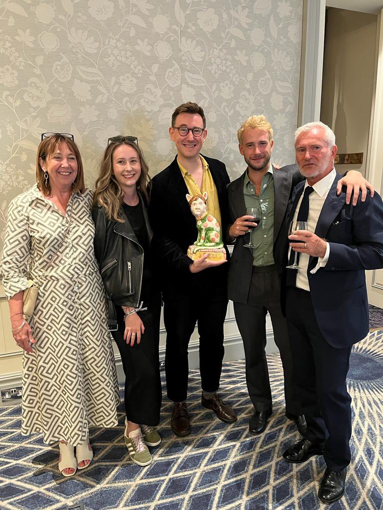 TomCrewe1's tweet photo. Bloody thrilled to win the South Bank Award for Literature, and to be able to celebrate with my brother and the family, and my Grayson Perry statuette of Melvyn Bragg as a cat. https://t.co/OyIeEL6zqO