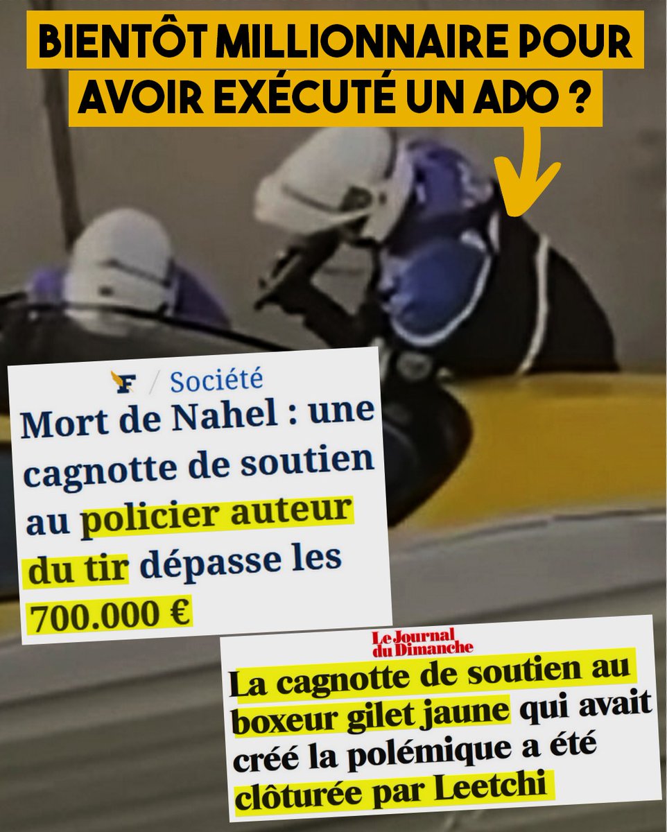 ContreAttaque_'s tweet photo. FRANCE FASCISTE : LE TUEUR DE NAHEL BIENTÔT MILLIONNAIRE ?

Il y a tellement de fascistes en France que des dizaines de milliers de personnes sont prêtes à subventionner l'exécution d'un adolescent. C'est ce qui se passe avec le tueur de #Nahel. https://t.co/r2Q9wrYre3