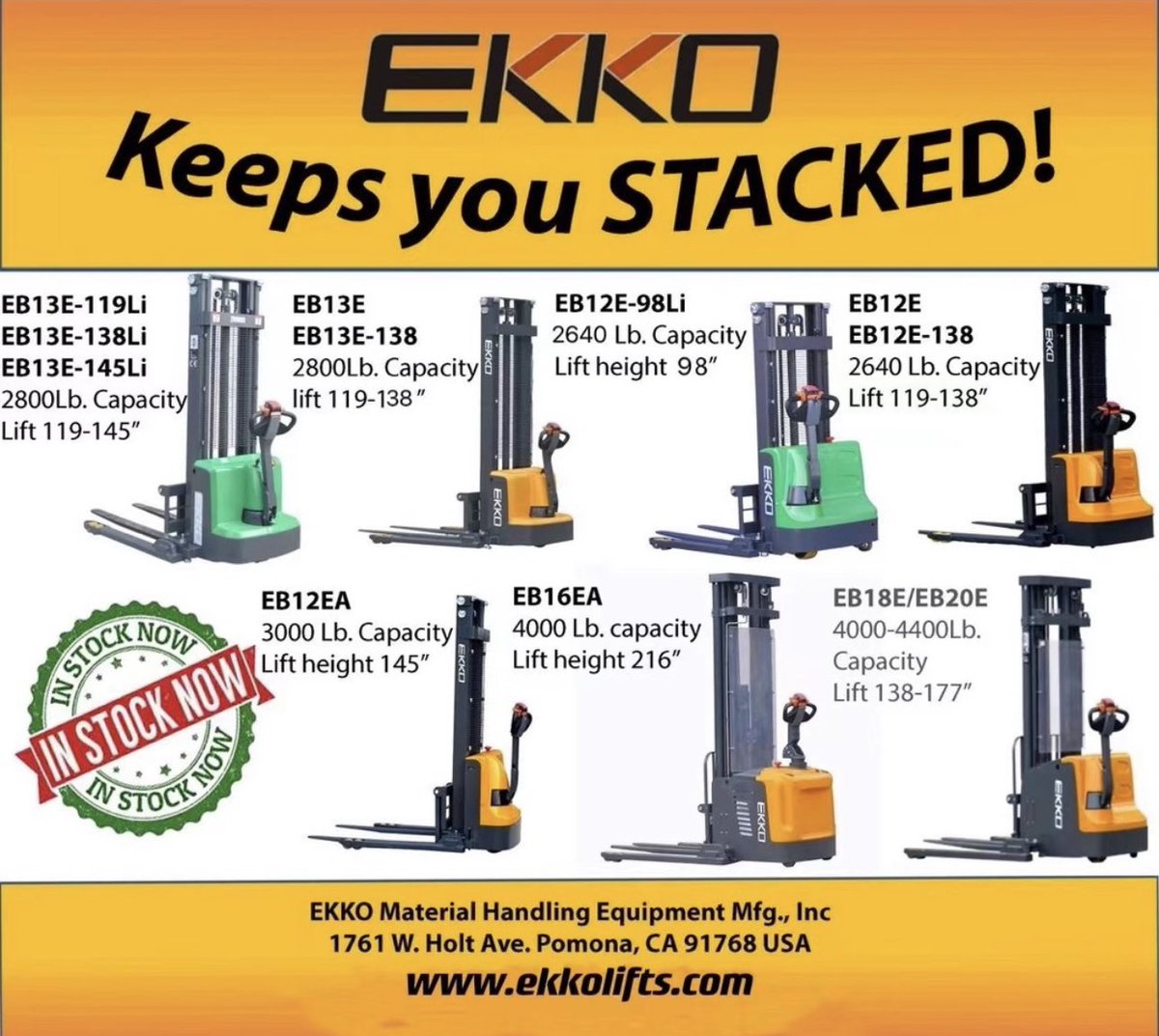 EKKOlifts's tweet photo. Check out Our #EB12E/#EB13E/#EB16E/#EB18E/#EB20E series Full Powered Straddle Stacker. 2800-4400 lbs Cap. 98-216ββ lift height. In Stock Now!
Contact us for more info!
(877)232-6517
Info@ekkolifts.com
https://t.co/WHEJyJAut1
#ekko #ekkolifts #stackers #palletstacker #forklift https://t.co/WUXshF72SD