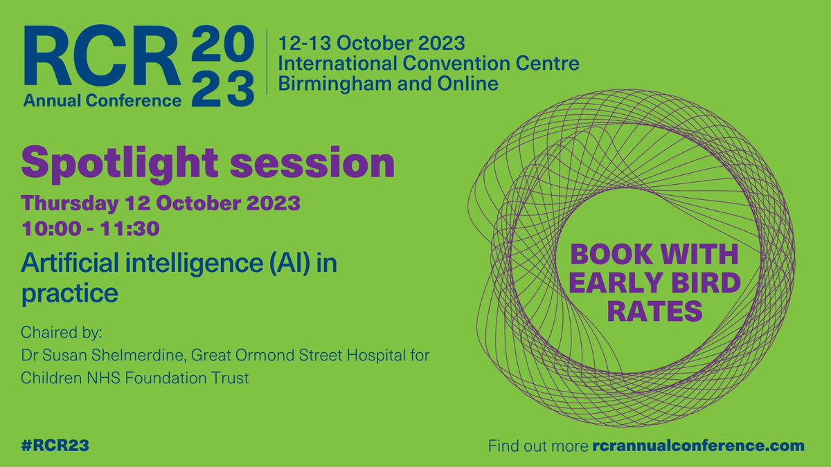 Join @SusieShels at #RCR23 to explore how #AI impacts clinical radiology practice. We'll discuss how it can be used safely, learn about new AI initiatives and find out how AI models are built. Book now: bit.ly/3I75dBU @Radiology_AI @_the_SRT @duke_dair @AI_Medic