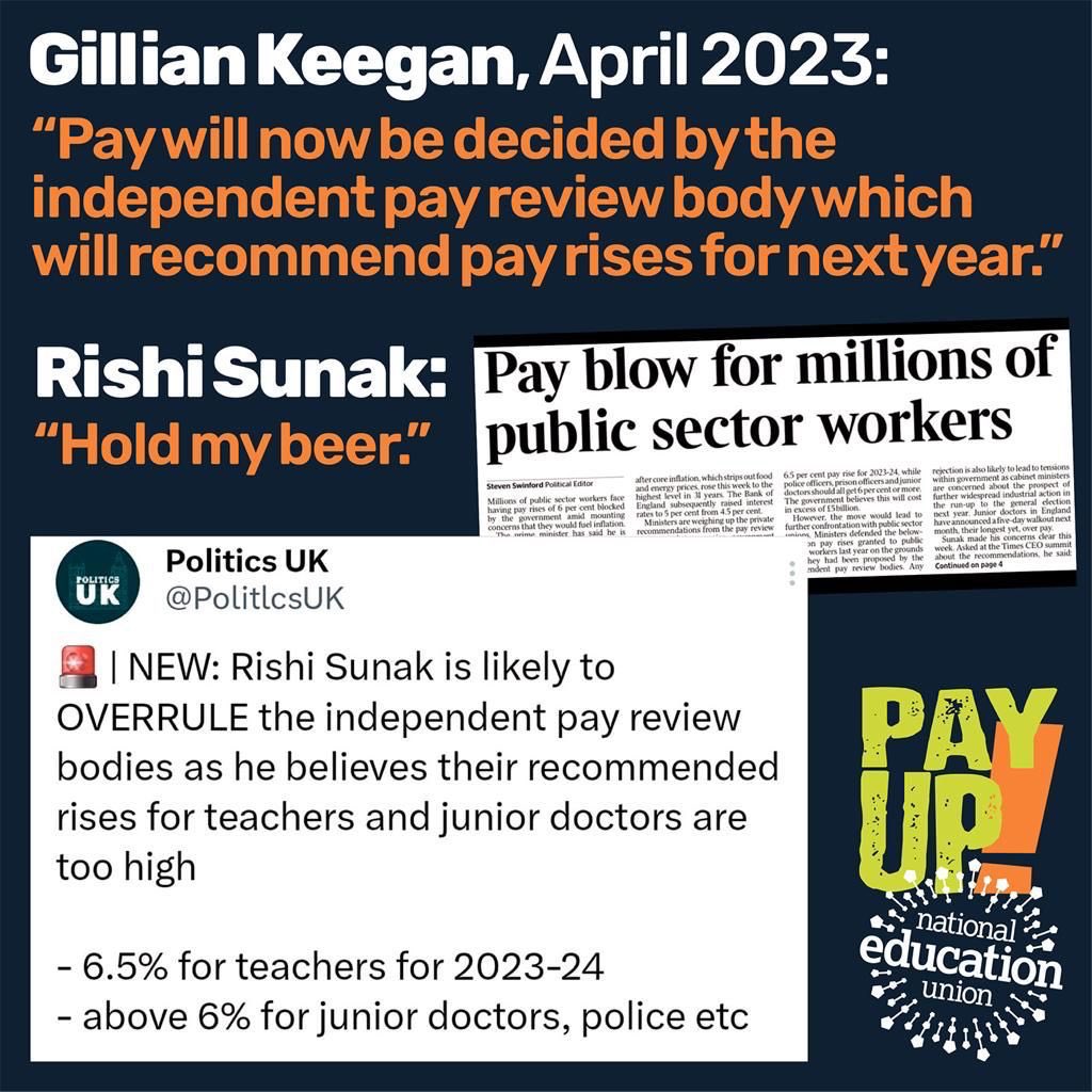 NEUnion's tweet photo. If @RishiSunak ignores the STRB that will be:
- dishonest 
- dishonourable 
- disgusting
Stop ignoring the crisis in our children’s schools.
#PayUpRishi #SaveOurSchools https://t.co/LixkLOZdQh