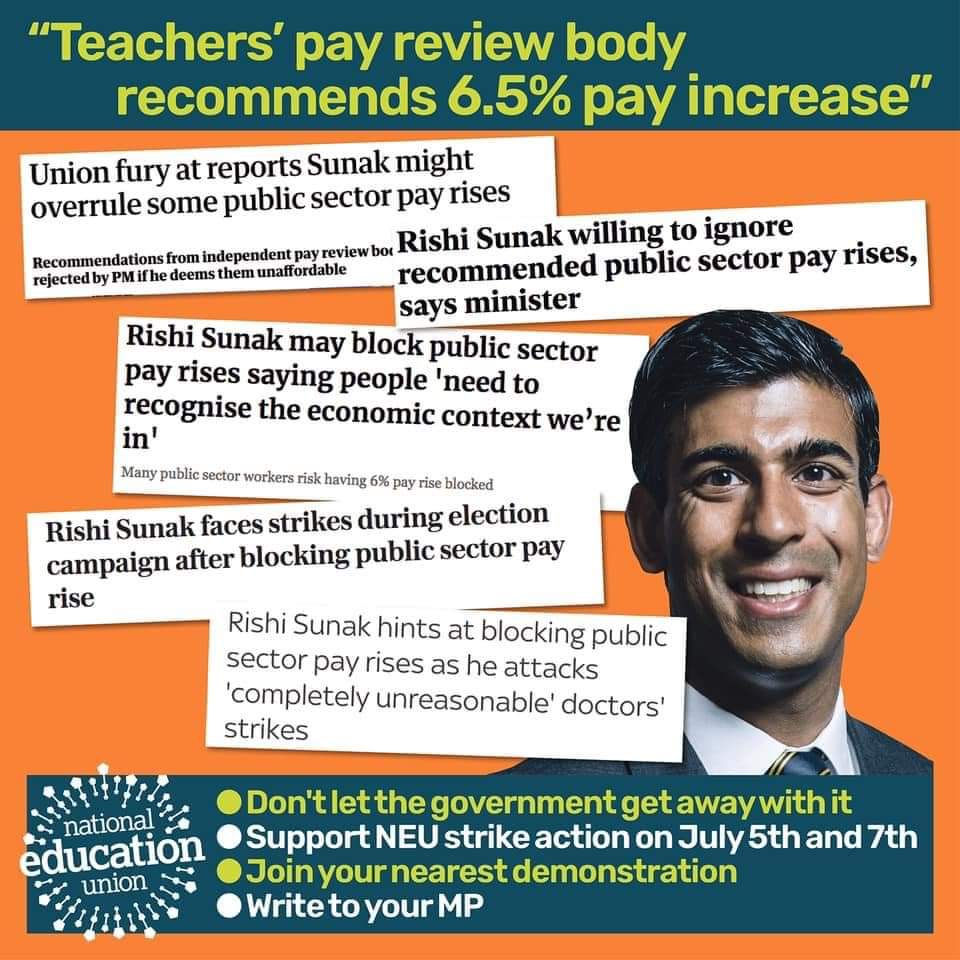 The teacher strikes this week are very definitely your fault Rishi.
You could have published the Review Body reports and started talks with the unions.
Instead you say you will ignore them.
You are ignoring the crisis in our schools.
#PayUpRishi #SaveOurSchools