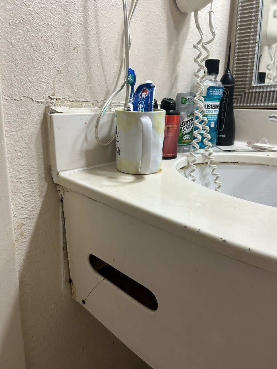 AustinMorrison_'s tweet photo. My hotel room my dog and I currently live out of not only doesn’t have hot water, the counter is legitimately falling off, there’s blood stains on the bed. Glad I paid almost $1000 for this thanks @redroofinn great job. https://t.co/J6aJoTPIpZ