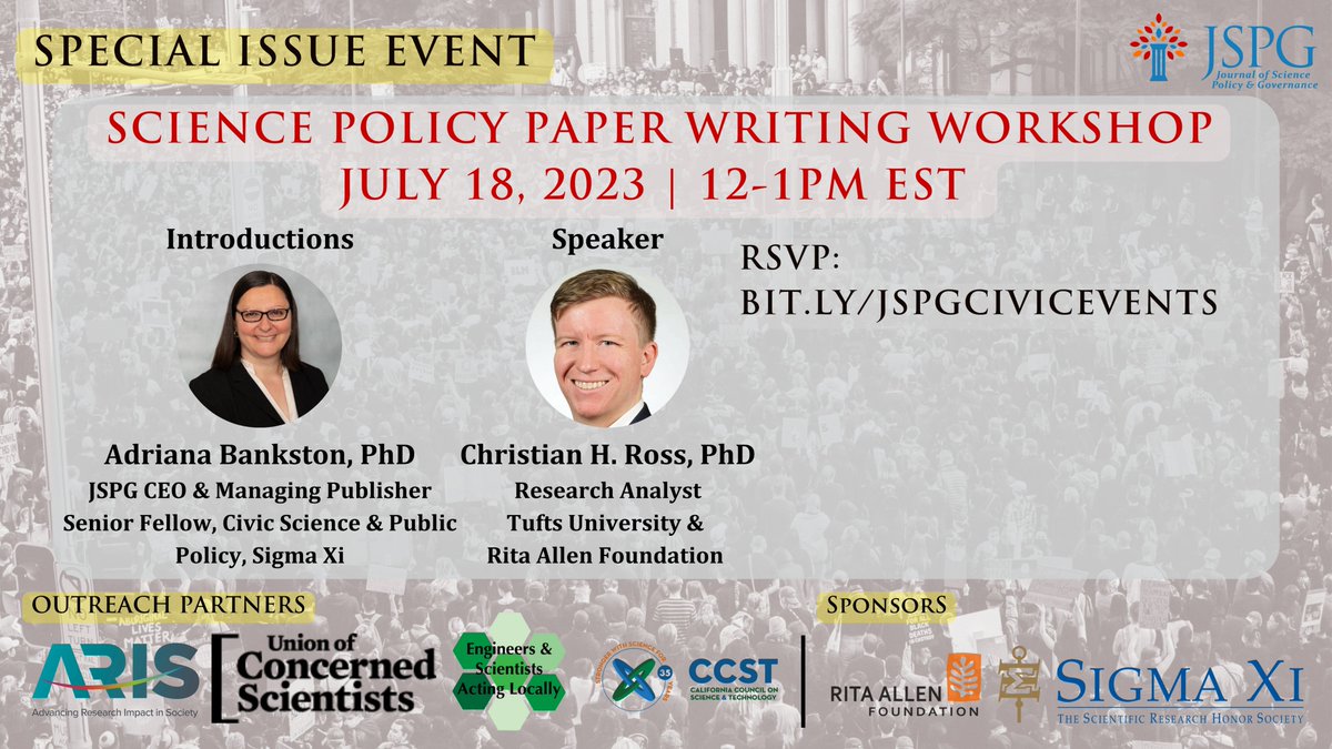 Journal of Science Policy & Governance (JSPG) (@scipoljournal) on Twitter photo Interested in honing your #scipol writing skills around #civicscience?
Join <a href="/AdrianaBankston/">Adriana Bankston</a> @christianhross on July 18 from 12-1pm ET virtually to learn about the call for papers and practice writing a paper outline!
RSVP: bit.ly/JSPGCIVICEVENTS
#JSPGCIVICSCIENCE Interested in honing your #scipol writing skills around #civicscience?
Join <a href="/AdrianaBankston/">Adriana Bankston</a> @christianhross on July 18 from 12-1pm ET virtually to learn about the call for papers and practice writing a paper outline!
RSVP: bit.ly/JSPGCIVICEVENTS
#JSPGCIVICSCIENCE