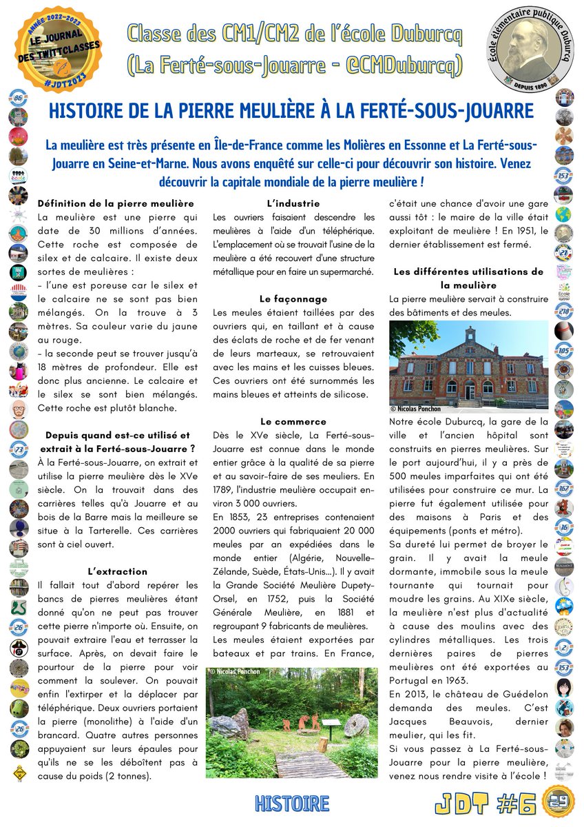 #UnArticleDuJdT
Pour cette 22e découverte, nous vous proposons l'article des élèves de CM de <a href="/CMDuburcq/">CMDuburcq</a> (#LaFertéSousJouarre) dans le Journal des TwittClasses. #JdT2023🗞️
Il parle de l'histoire de la pierre meulière et se trouve en page 29 du JdT.
Bonne lecture !