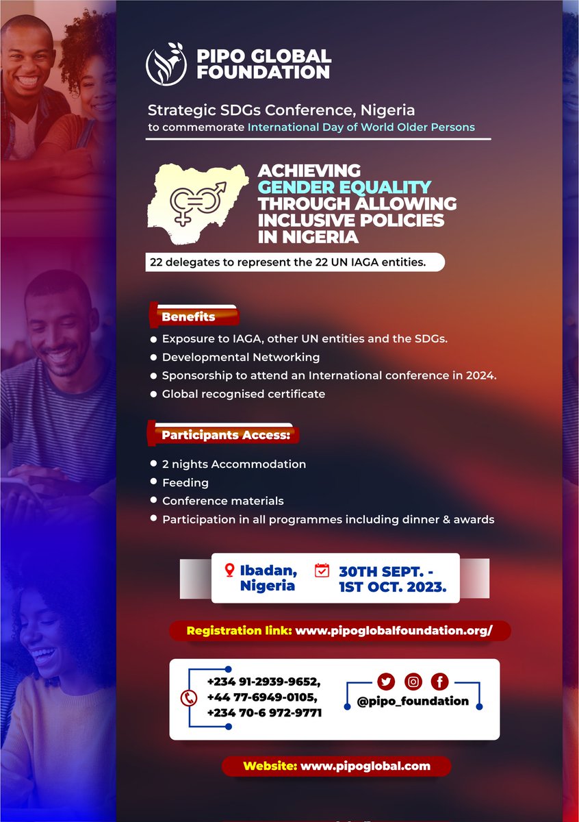 pipo_foundation's tweet photo. Register 2 attend d Strategic SDGs Conference, Nigeria
30 Sept - 1 Oct 23

- Exposure to IAGA, UN Entities and the SDGs.
- Get global recognised certificate &amp; scholarship 2 attend int. conference in 2024.

Delegate: https://t.co/rIBKxyXHZJ
Participants: https://t.co/WSUcLGiI2Z https://t.co/foPGtpxH67