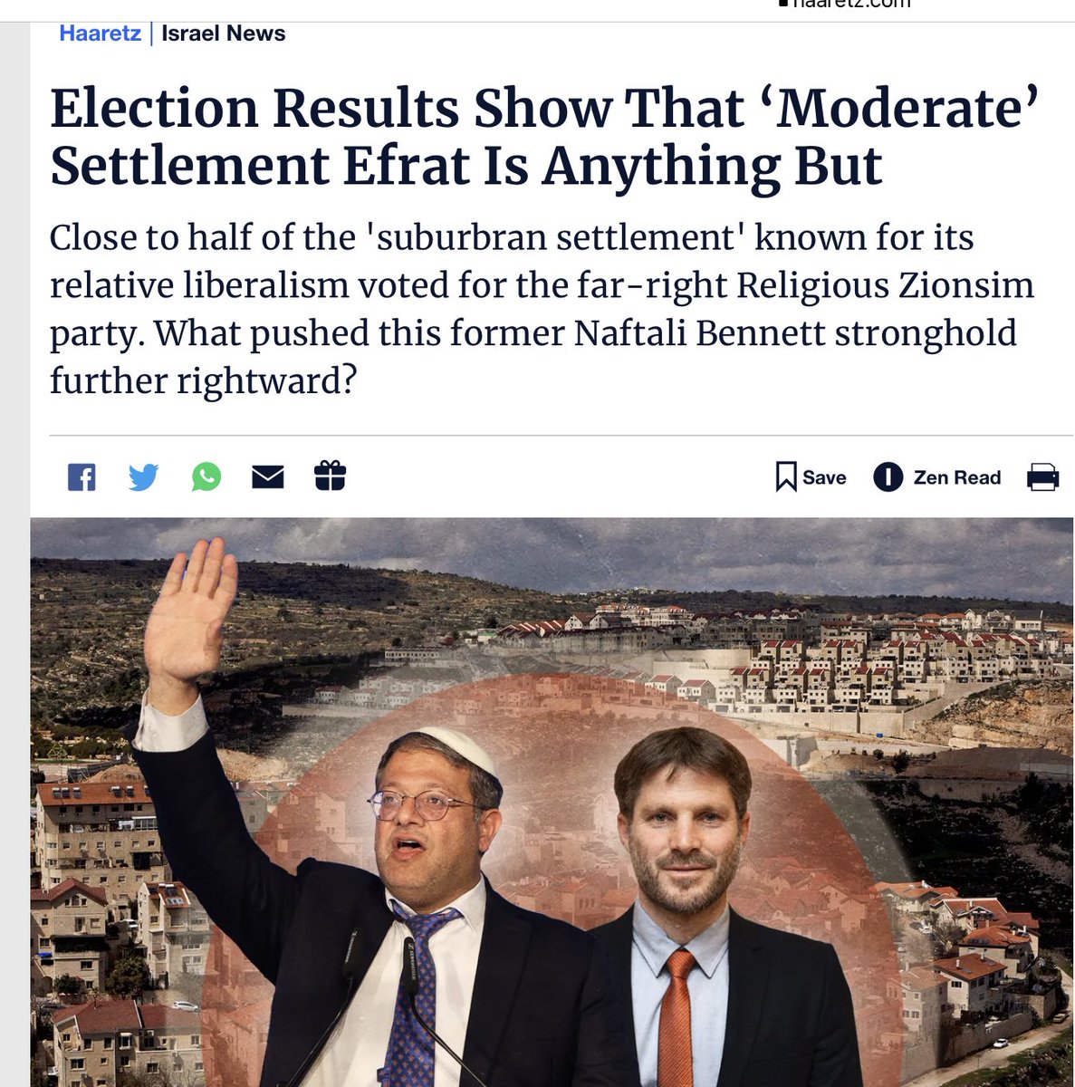 Rabbi Lichtenstein is worthy of high praise, as are a few others.

But curb your enthusiasm. The purportedly moderate settlement of Efrata (across the road from Rabbi Lichtenstein’s Yeshiva) gave 48% of their votes to Ben Gvir and Smotrich.

Enough said.

https://t.co/HF1pdG9wsY https://t.co/XqdXSoiuSP https://t.co/0flODc9pCb